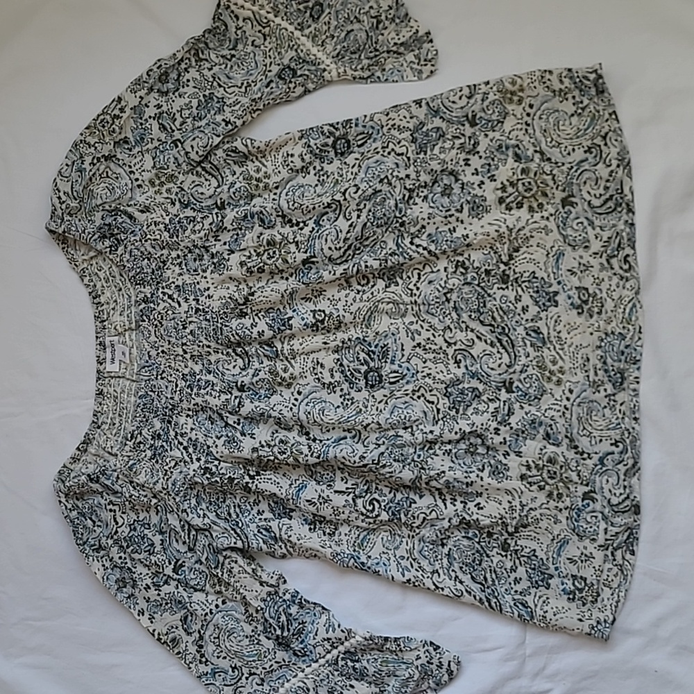 Smocked-Bodice Flared-Sleeve Paisley Print Blouse